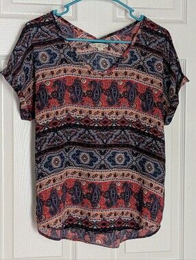 Pink Rose Lightweight Boho Top Short Sleeve Blouse Women's Small